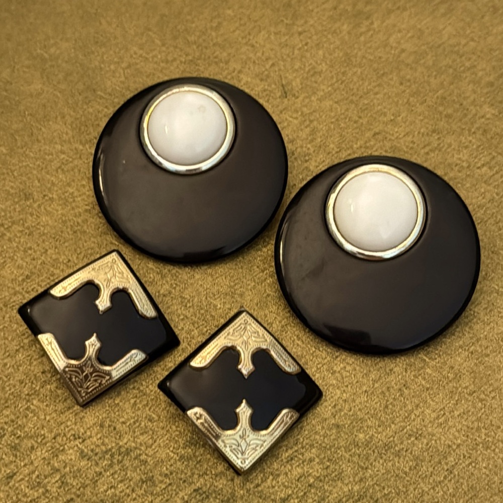2 Pairs Black White Gold Costume Earrings